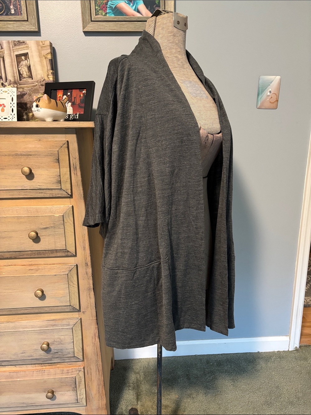 ibex Heather Charcoal Gray Merino  Short Sleeve Oversized Cardigan Sweater